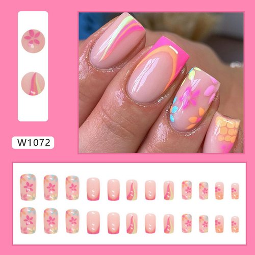 Summer Press on Nails Medium Fake Nails with Colorful Flower and Swirl Designs Artificial Nails Simple Nature Pink French Tip Acrylic Nails for Women Girls Nail Supplies 24pcs