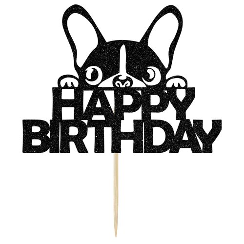 Ferastar Happy Birthday Dog Cake Topper, Dog Birthday Theme Picks for Pet Party Decorations Supplies Black Glitter.