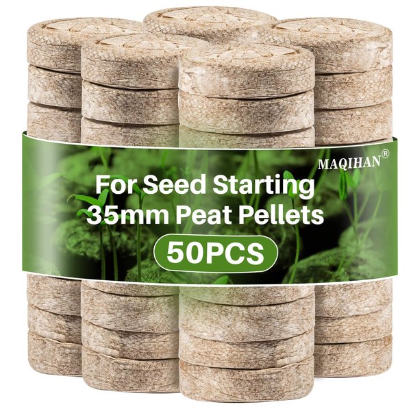 MAQIHAN 50PCS Peat Pellets for Seedlings - 35MM Seed Starter Pellets Peat Pods for Starting Seeds Garden Soil for Planting Transplanting Growing Garden Flower Vegetables Germination Propagation Tray