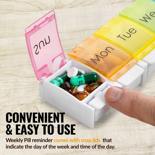Weekly Pill Organizer - (Pack of 2) Colorful 7-Day Easy Push Button Assisted Open for Arthritis and Seniors, BPA Free, Daily Travel Pill Box Case Planner for Medication Vitamins Fish Oil Supplements