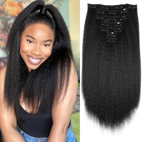 Quantum Love Kinky Straight Clips in Hair Extensions Full Head Yaki Straight Clip Ins for Black Women 14 Inches 7 Pieces Kinky Straight Synthetic Hair Extension