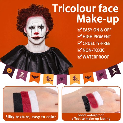 EBaokuup 3 Set Black White Red Face body Paint,Clown Makeup Kit with Sponge and Brush,3 Colors Joker Face Body Paint for Halloween Cosplay,Makeup and Costume-Themed Party
