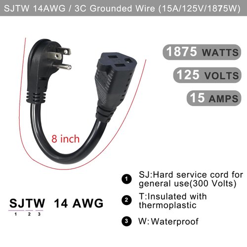 KUNCAN Short Power Extension Cord - Low Profile Wall Head 6 Inch 14AWG/3C SJTW Heavy Duty Extension Cable for Indoor/Outdoor, 45-Degree Flat Plug 15A/125V 1875W NEMA 5-15P to NEMA 5-15R, Black 1-Pack