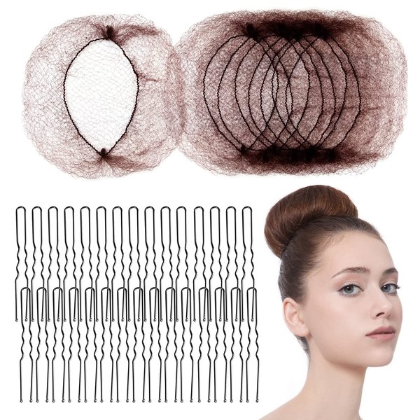 50 Pcs Hair Nets for Buns - 20 Inches Invisible Elastic Edge Mesh Bun Set with 40 Hair Bobby Pins, Hair Donuts for Bun, Hair Bun Maker for Ballet Dancer Kitchen Food Service, Women & Wig (Brown)