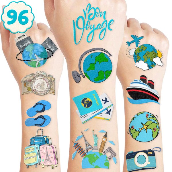 Travel Temporary Tattoos Bon Voyage Birthday Party Supplies Favors Decorations Adventure Awaits World Travel Super Cute 96 PCS Tattoos Stickers for Kids Boys School Classroom Rewards Gifts Ideal