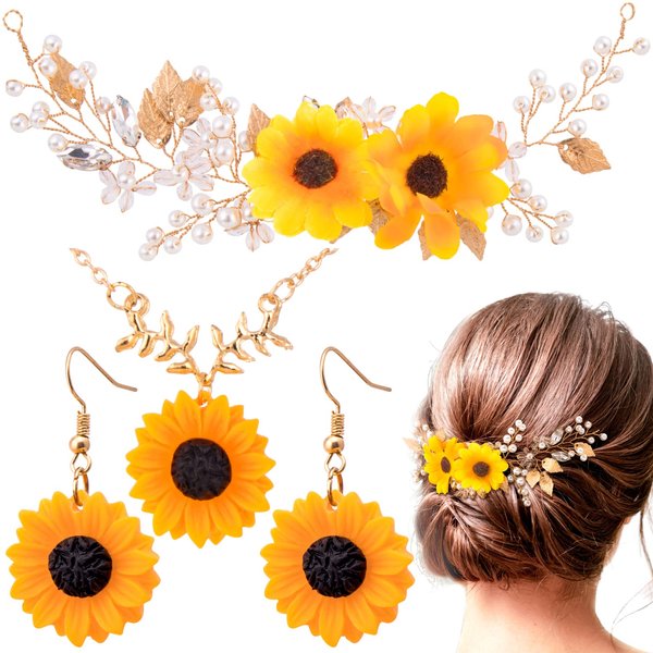 OIIKI Sunflower Bridal Accessories Kit, Wedding Sunflower Headband, Bridal Sunflower Necklace Earrings, Flower Crystal Hair Vine Decorative Clips for Girls, Women, Parties