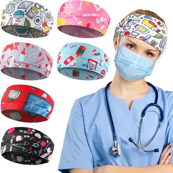 6 Pieces Button Headbands Non Slip Nurse Headbands Stretchy Headwraps Nonslip Yoga Sweatbands with Ear Protection Holder Elastic Headscarves for Yoga, Running, and Exercise, 6 Styles (Cute Pattern)