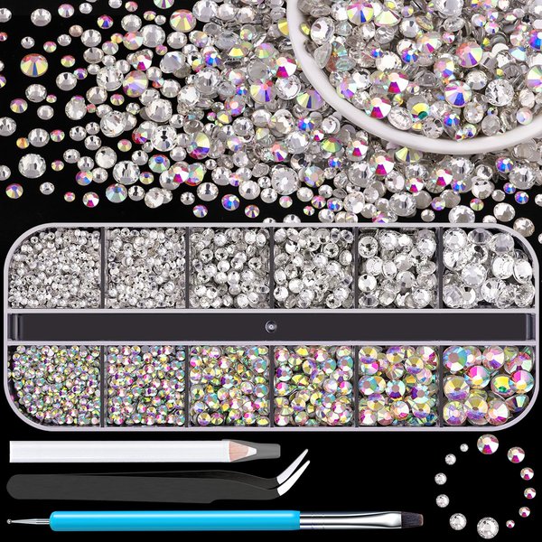 BELLEBOOST Glass Rhinestones for Crafting, 2100 PCS 2-6mm Flatback AB & Clear Crystal Gems for Crafts Nails Bling Face Makeup with Wax Pencil and Dotting Tools