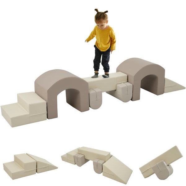 Merax Toddler Climbing Toys Indoor, Soft Play Foam Climbing Blocks for Toddlers, 7-Piece Baby Soft Foam Play Gym with Twin Tunnels for Climbing, Crawling, Sliding Indoor Playground