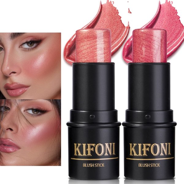 LSxia 2 Pcs Cream Blush Stick Makeup Kit, Natural Shimmer & Matte Stick Blush Wand for Cheeks, Lightweight Blendable Silky Cream Blush Makeup -Shimmer Blush (#01 Shimmer Pink #04 Shimmer Fuchsia)