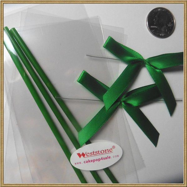 Cake pop sticks clear bags colorful ribbon bows (green)