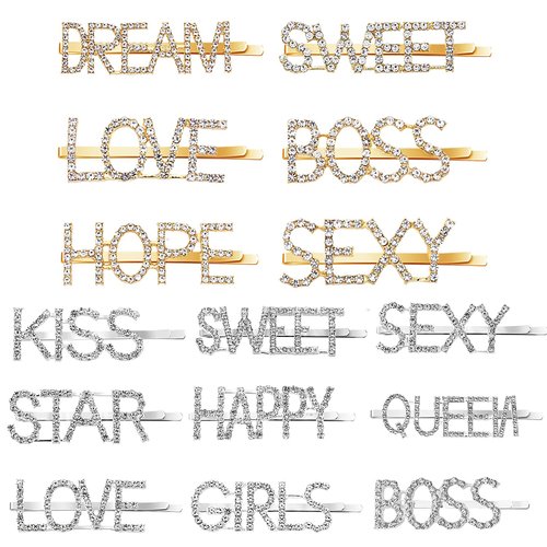 15 Pieces Words Letter Hair Pins Glitter Rhinestone Hair Clips Straight Letter Hair Pins Barrettes for Women Ladies Girls (Stylish Style)