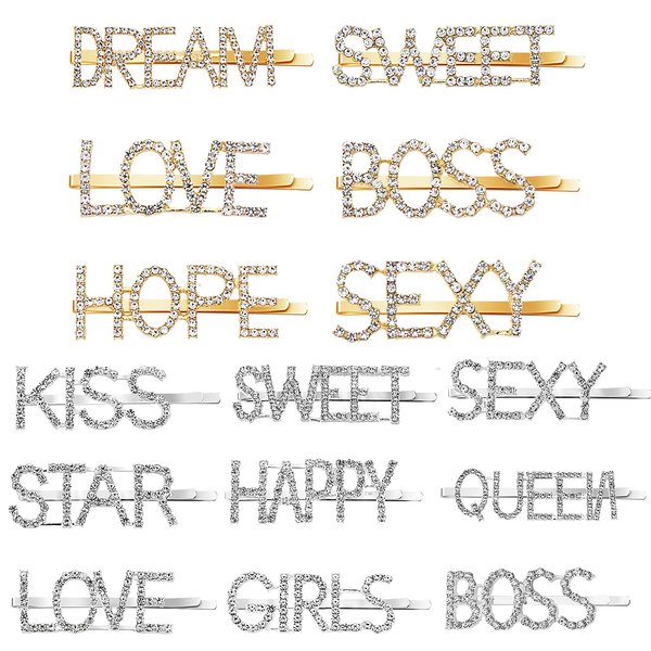 15 Pieces Words Letter Hair Pins Glitter Rhinestone Hair Clips Straight Letter Hair Pins Barrettes for Women Ladies Girls (Stylish Style)