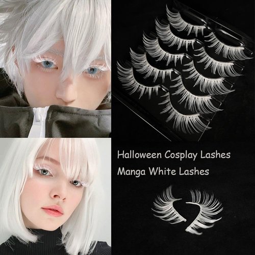 MUQIU37 White Lashes Fairy Eyelashes Cat Eye Wispy Spiky False Eyelashes Cosplay Manga Lashes Halloween Easter Lashes Natural Anime White Fake Lashes Fox Eye Long Volume Fake Eyelashes (MQ15-5 Pairs)