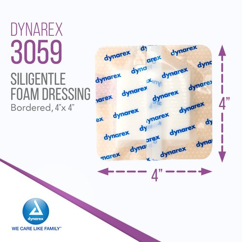Dynarex SiliGentle Foam Dressings, Advanced Wound Care, Waterproof and Absorbent, 4” x 4” Foam Pad Dressing with Silicone Layer, 1 Box of 10 Adhesive Silicone Foam Dressings