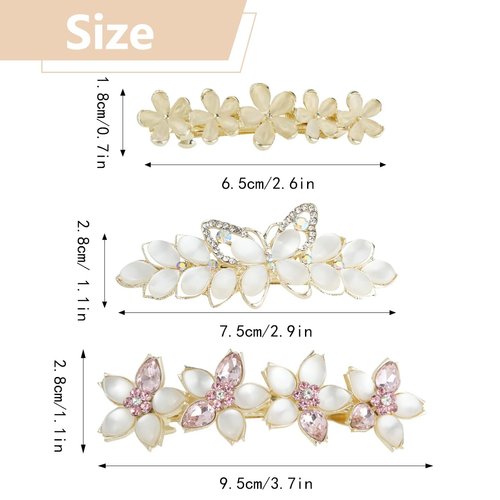IBEQUEM 3Pcs Flower Opal Hair Clips, Vintage Rhinestone Hair Barrettes, Fancy Crystal Hair Clamps French Elegant Ponytail Holder, Christmas Wedding Bridal Hair Decorative Accessories for Women Girl