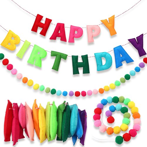 Mindsoft 2 Pcs 118 Inch Pre Strung Happy Birthday Felt Fabric Banner Felt Ball Garland Reusable Natural Handmade Felt Letters & Balls Happy Birthday Sign for Birthday Party Decor(Rainbow Color)
