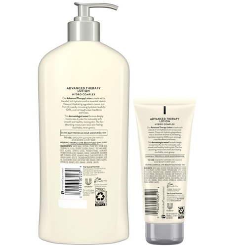 Suave Lotion, Hydro Complex Advanced Therapy Bundle – Daily Moisturizing Body Lotion for Dry Skin with Vitamin E, 18-Oz Pump Bottle + 3-Oz Travel-Size