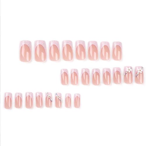 Foccna 3D Flower Fake Nails Square Pink French Press on Nails Long Bling Glossy Rhinestone False Nail Tips Artificial Nails Finger Manicure for Women and Girls 24pcs
