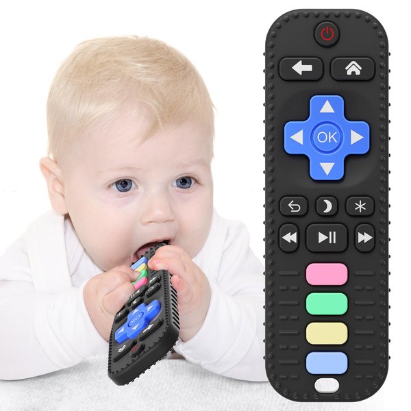 USLAI Baby Teething Toy (TV Remote Shape) - Food Grade Silicone Chew Toy for Babies 3-24 Months - BPA-Free Teether for Soothing Gums - Black