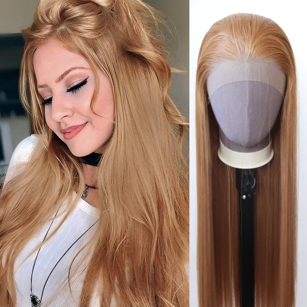 zigzag hair Strawberry Blonde Wig Long Straight Honey Brown Blonde Synthetic Lace Front Wigs Pre Plucked with Natural Hairline for Fashion Women Glueless Heat Resistant Hair Wig (Strawberry Blonde)