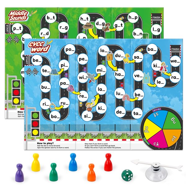 Broytain Phonics Board Games for Kids,Educational Learning CVC and CVCC Board Games for Boys and Girls,Reading and Spelling Word Games Ages 4 5 6,Classroom Travel Indoor Outdoor Family Games