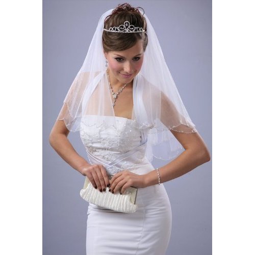 Bridal Wedding White Veil 2 Tiers Elbow Length Scallop Edge With Seed Beads