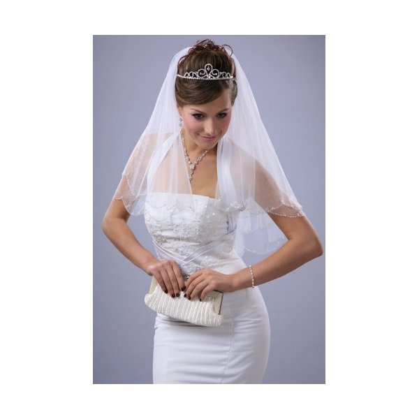 Bridal Wedding White Veil 2 Tiers Elbow Length Scallop Edge With Seed Beads
