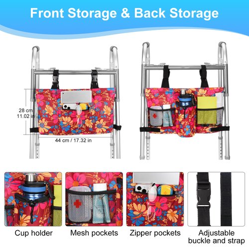 supregear Walker Bag with Soft Cooler, Accessories Basket Pouch with Detachable Preserve Heat Compartment and Cup Holder, Foldable Walker Organizer Tote for Walker Rollator Wheelchair Scooters, Floral