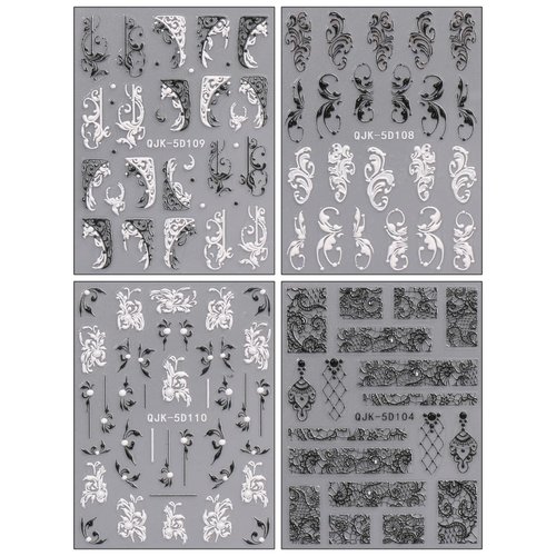 JMEOWIO 3D Embossed Flower Black White Nail Art Stickers Decals Self-Adhesive Pegatinas Uñas 5D Leaves Lace Line Nail Supplies Nail Art Design Decoration Accessories 4 Sheets