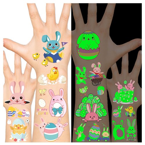 Leesgel Temporary Tattoo for Kids, Easter Eggs Chicken Tattoo Stickers, Luminous Kids Tattoos for Gifts Filler Easter Egg Basket Stuffers Easter Party Favors Decorations Supplies School Rewards