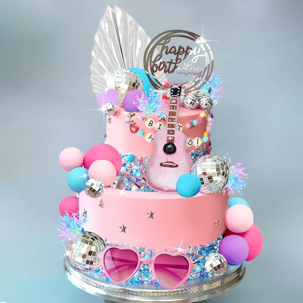 Guitar Cake Toppers Pink Blue Purple Ball Cake Toppers Silver Disco Mirror Ball Cake Decorations for Girl Guitar Musician Theme Party Kid Disco Music Birthday Supplies