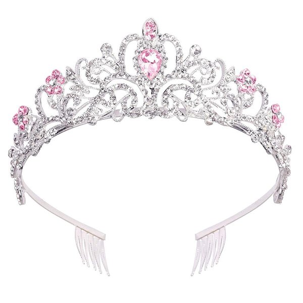 Didder Silver Tiara for Women, Pink Crystal Tiaras and Crowns for Women Tiaras for Girls Elegant Crown with Combs Princess Crown Tiara Birthday Crowns for Women Bridal Wedding Prom Birthday Party