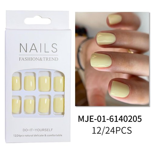 24Pcs Short Square Press on Nails Light Yellow Fake Nails Pure Color Short Fake Nail Tips Fall Artificial Nails Glossy Glue on Nails Short Square Shape Stick on Nails for Women