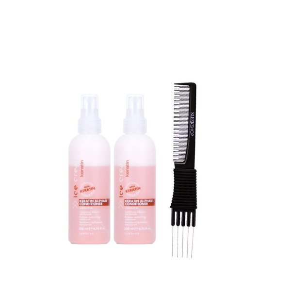 Inebrya Ice Cream Keratin Bi-Phase Conditioner (6.76 oz) with Teasing Comb Pack of 2