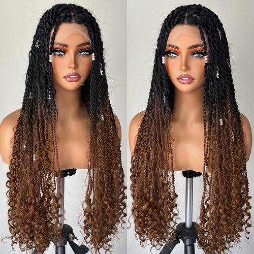 FABÉLLE Full Lace Braid Wigs Knotless Box Braided Wigs with Boho Curls 30 Inch Ombre Brown Boho Braided Wig for Women Bohemian Braided Lace Front Wigs T1B/30