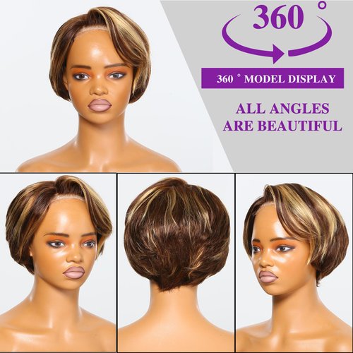 HANASCC Ombre Brown Highlight Bob Wig Human Hair Glueless Body Wave Highlight Bob Wig HD Lace Frontal Layered Cut Bob Wig Human Hair Pre Plucked 180% Density Ombre Short Bob Wigs for Women 6 Inch