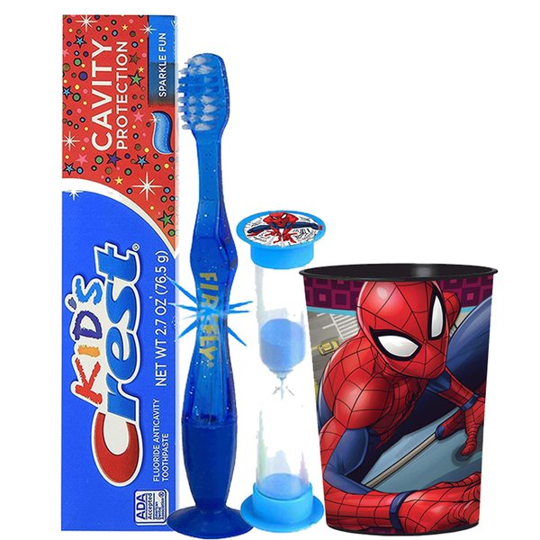 UPD 4pc Oral Care Bundle with Flashing Lights Toothbrush, Kid's Crest Toothpaste, 2-Minute Timer and Spiderman 16oz Cup and Remember to Brush Visual Aid
