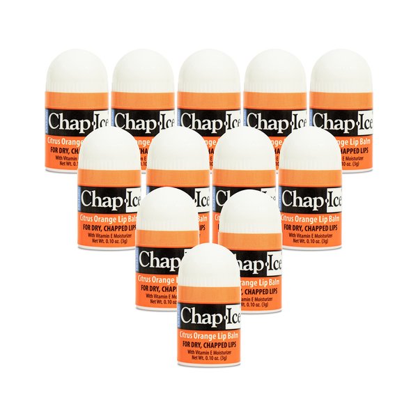 Chap-Ice® | 12-Count Mini Citrus Orange Lip Balm | Lip Balm Pack Fortified with Vitamin E for Dry, Cracked Lips | Made in USA | 12-Count Mini Lip Balm with Citrus Orange Flavor (0.10oz/3g Each)