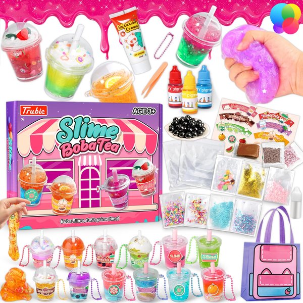 Trubic Slime Boba Tea Making Kit for Girls Ages 8-12, 12PCS Bubble Tea Cups, 500ml Clear Slime, 11 Slime Charms and More, DIY Sweet Slime Kit, Christmas & Easter Party Favors for Kids