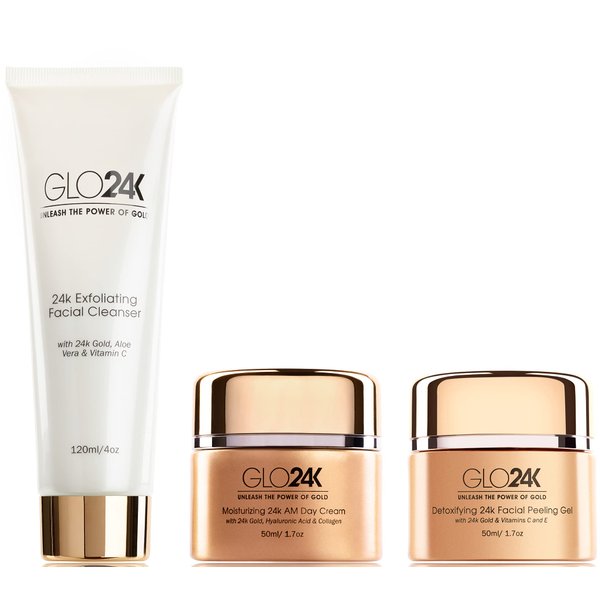 GLO24K 24k Gold Moisturizing Day Cream, Peeling Gel, Exfoliating Facial Cleanser Complete Set