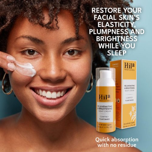 Hila Herbal Cosmetics Rejuvenating, Brightening & Nourishing Night Cream for Face - Vitamin E Cream for All Skin Types, Restorative Night Moisturizer, Brightening Cream for Face - Comfrey, 50ml