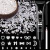 600Pcs 3D Multi Shapes Nail Charms and Flatback Pearls, White Mix Styles Heart Star Bow Sunflower Embellishments for Nail Art, Craft and Decoration with Glue Gel, Tweezer and Pickup Pencil