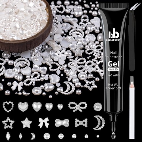 600Pcs 3D Multi Shapes Nail Charms and Flatback Pearls, White Mix Styles Heart Star Bow Sunflower Embellishments for Nail Art, Craft and Decoration with Glue Gel, Tweezer and Pickup Pencil