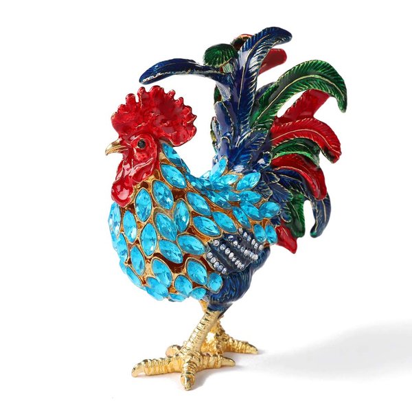 Furuida Rooster Trinket Boxes Hinged Enameled Jewelry Box Hand-Painted Animals Ornaments Craft Gift for Home Decor (Blue)