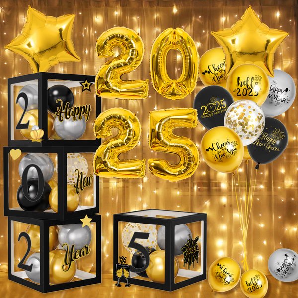 77Pcs New Years Eve Party Decorations Balloon Boxes Supplies 2025, 4Pcs New Year Boxes Star Foil Balloons Black and Gold Balloon, Letters Numbers, Firework Stickers for New Year Eve Party Supplies