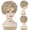 GNIMEGIL Golden Blonde Wig Short Curly Pixie Cut Wigs with Bangs for Women Natural Synthetic Layered Wigs Glasses Chain Necklace 4 Pieces Set Cosplay Wig