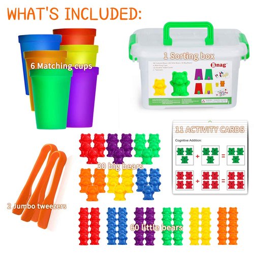 Bmag Counting Bears with Matching Sorting Cups,Number Color Recognition STEM Educational Toy for Toddler, Pre-School Learning Toy with 90 Bears,2 Tweezers,11 Activity Cards,1 Storage Box