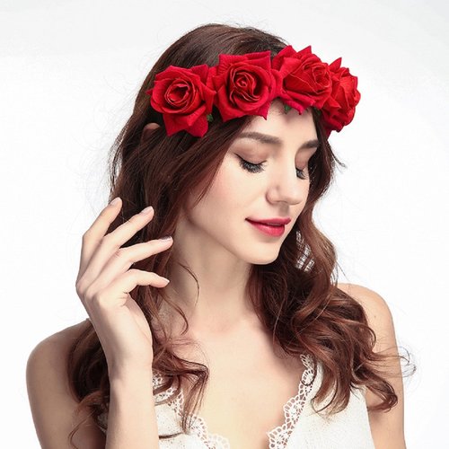 DreamLily Rose Flower Crown Wedding Festival Headband Hair Garland Wedding Headpiece (1-Red)