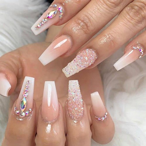 Yivaiks 24 Pcs Advanced Hand Made Customization Press on Nails, Luxurious Rhinestone Design Ballerina Fake Nails，Perfect Accessory for Banquets, Soirees, Parties(GD-004)